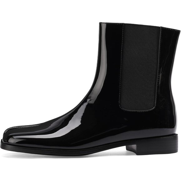 ⚡Women's Black Split Toe Patent Leather Ankle Boots Chelsea Block Low Heels - Picture 2 of 6